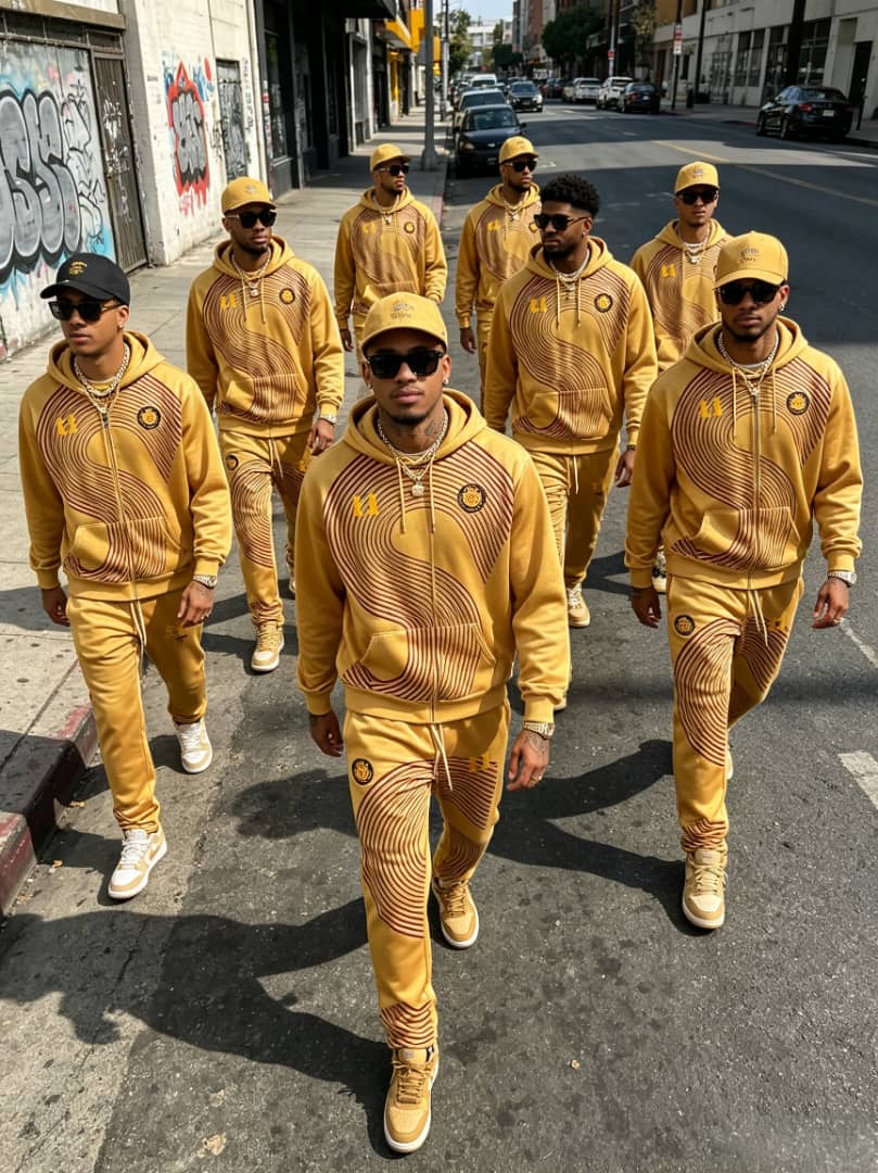 Mustard abstract wave print hoodie and jogger set for men