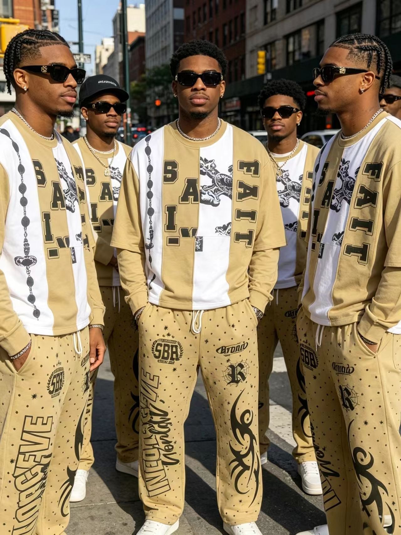 Men’s khaki contrast graphic T-shirt and wide-leg pants set