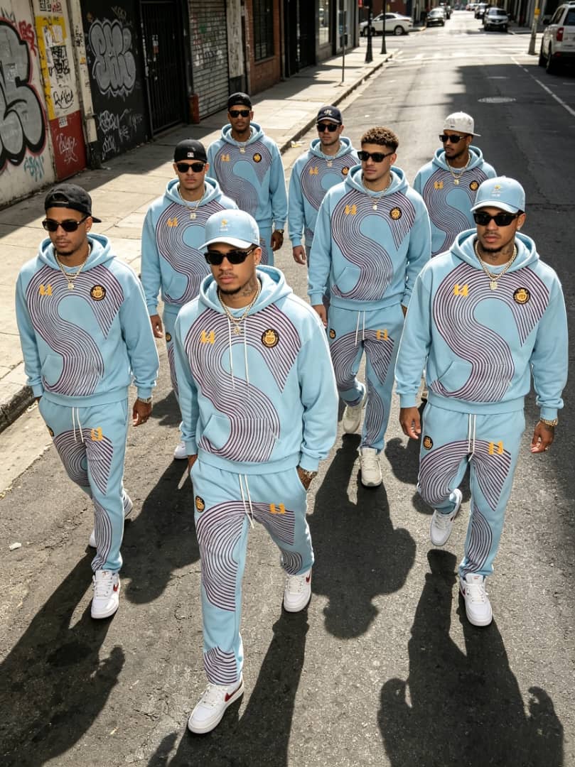 Light blue abstract wave print hoodie and jogger set for men