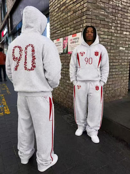 Heather gray Botanical 90 graphic hoodie and jogger set shown from front and back