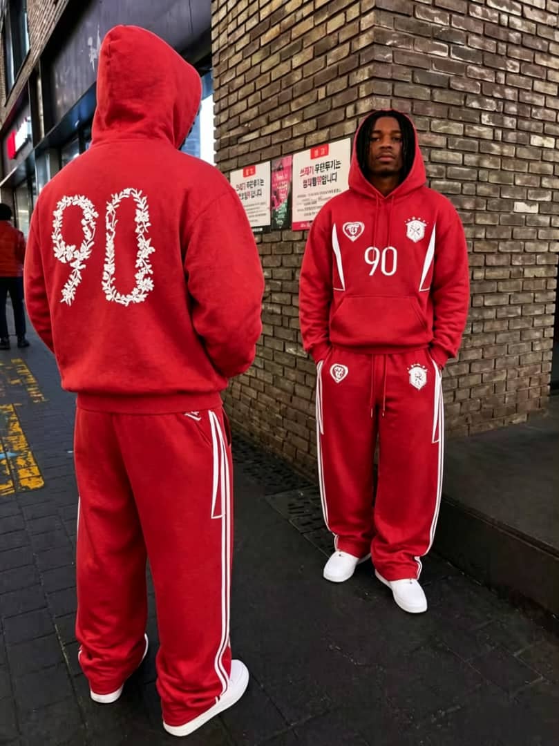 Red Botanical 90 graphic hoodie and jogger set shown from front and back