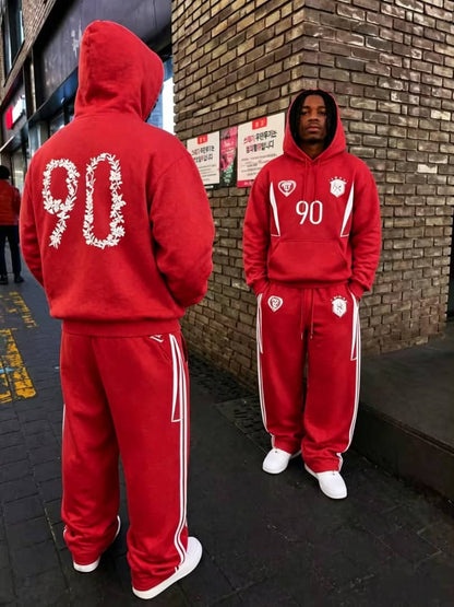 Red Botanical 90 graphic hoodie and jogger set shown from front and back