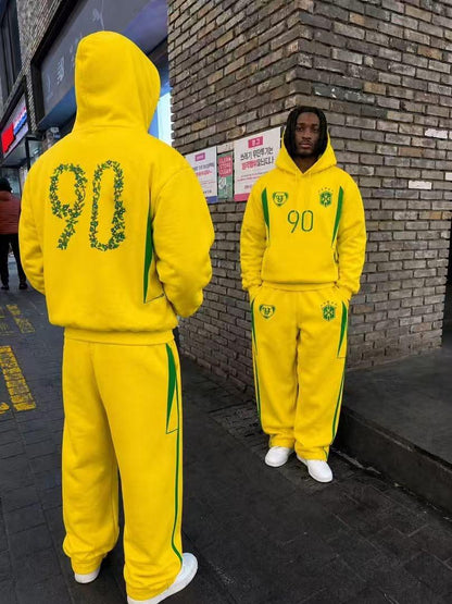 Yellow Botanical 90 graphic hoodie and jogger set shown from front and back