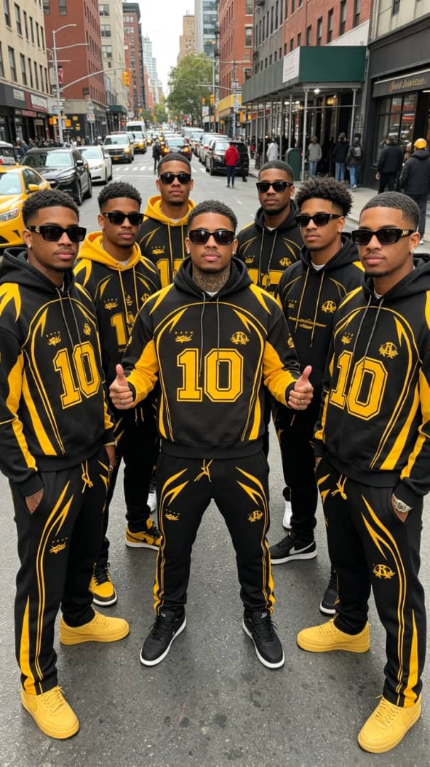Black and yellow contrast panel graphic hoodie and jogger set