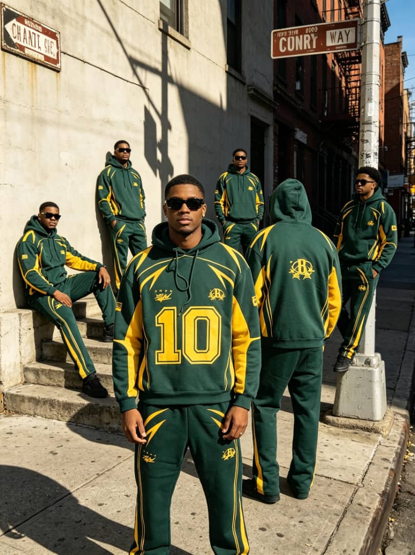 Forest green and yellow contrast panel graphic hoodie and jogger set