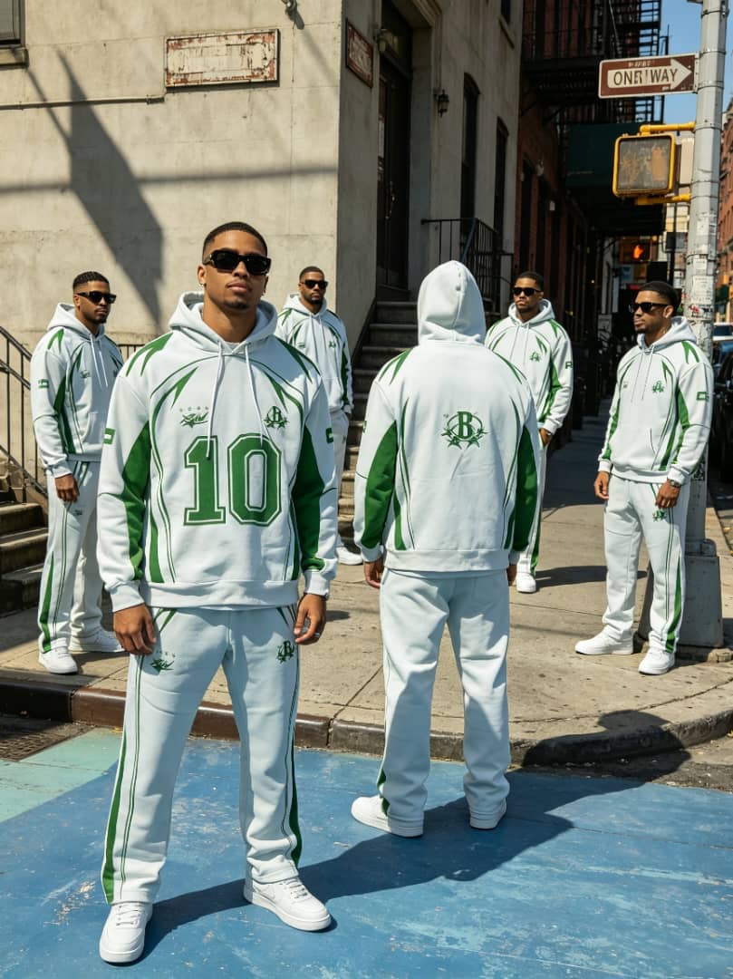 Light gray and green contrast panel graphic hoodie and jogger set