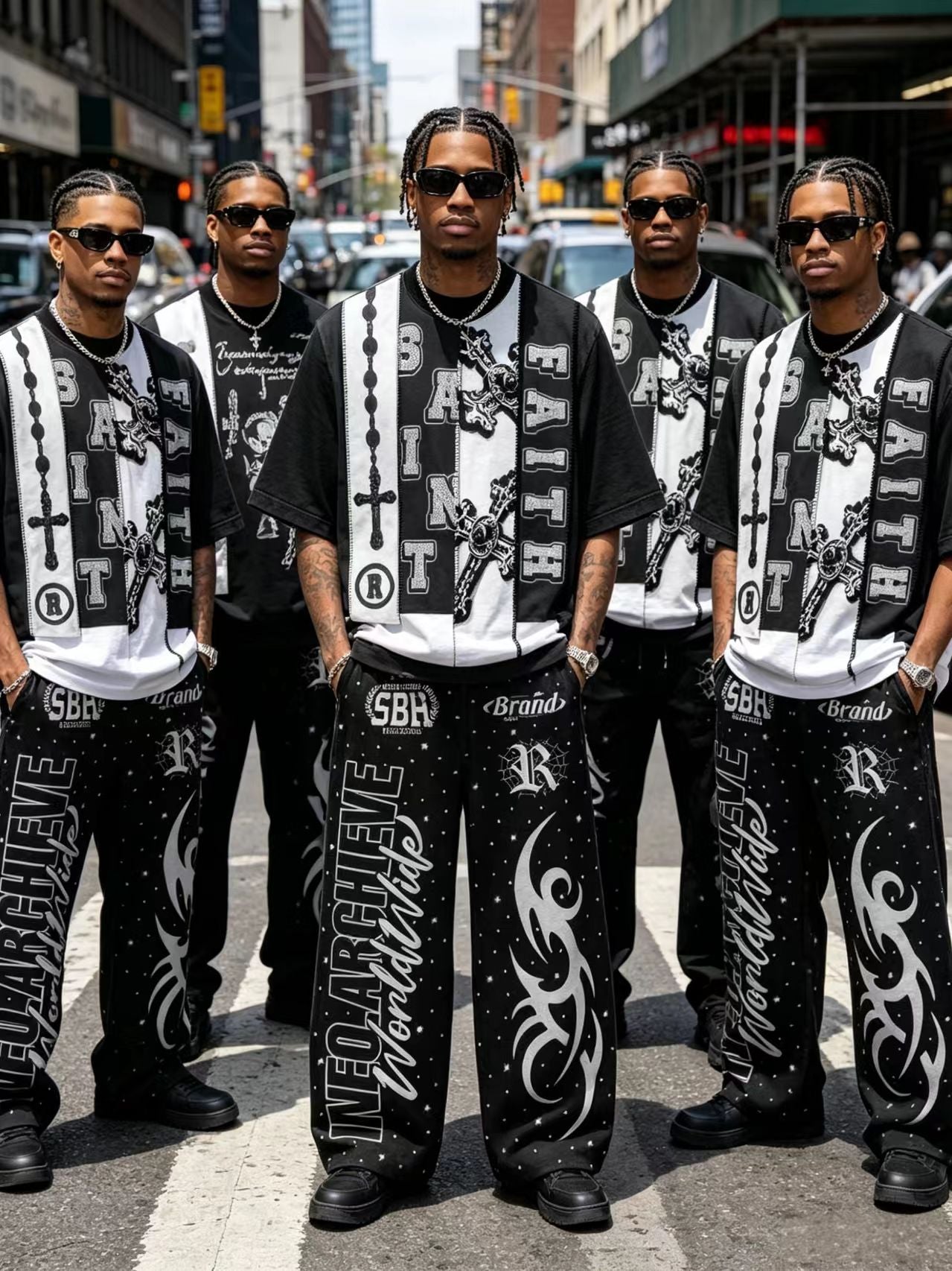 Men’s black contrast graphic T-shirt and wide-leg pants set