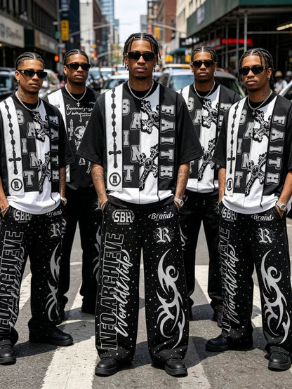 Men’s black contrast graphic T-shirt and wide-leg pants set