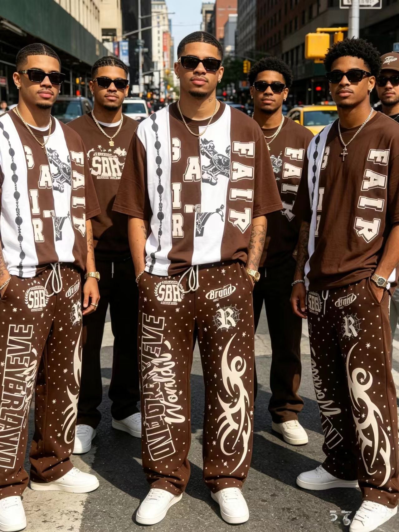Men’s brown contrast graphic T-shirt and wide-leg pants set