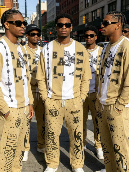 Men’s khaki contrast graphic T-shirt and wide-leg pants set