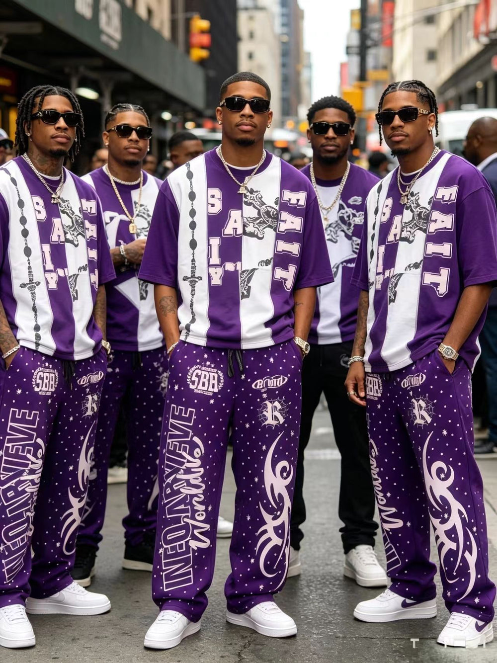 Men’s purple contrast graphic T-shirt and wide-leg pants set