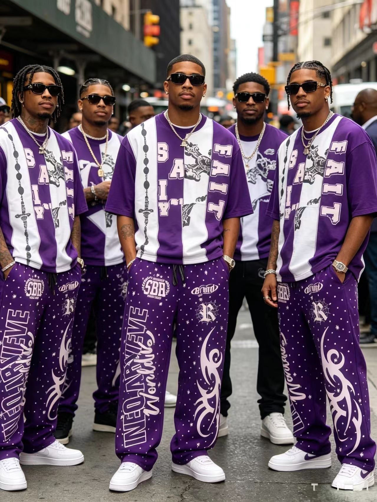 Men’s purple contrast graphic T-shirt and wide-leg pants set