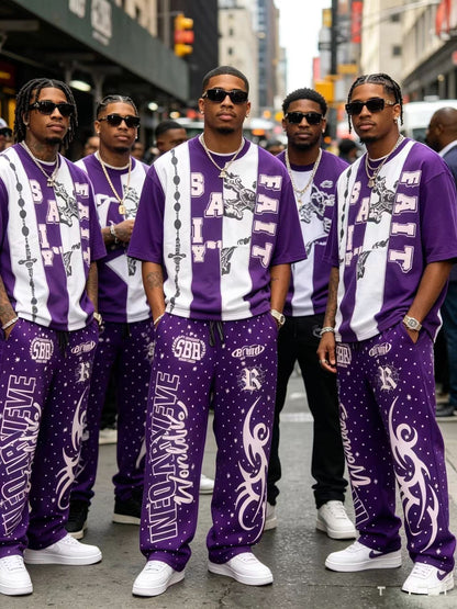 Men’s purple contrast graphic T-shirt and wide-leg pants set
