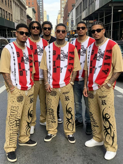 Men’s red contrast graphic T-shirt and wide-leg pants set