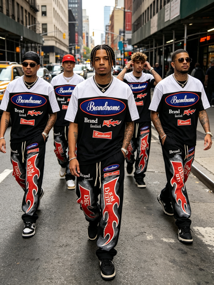 Men’s black flame graphic V-neck T-shirt and jogger pants set