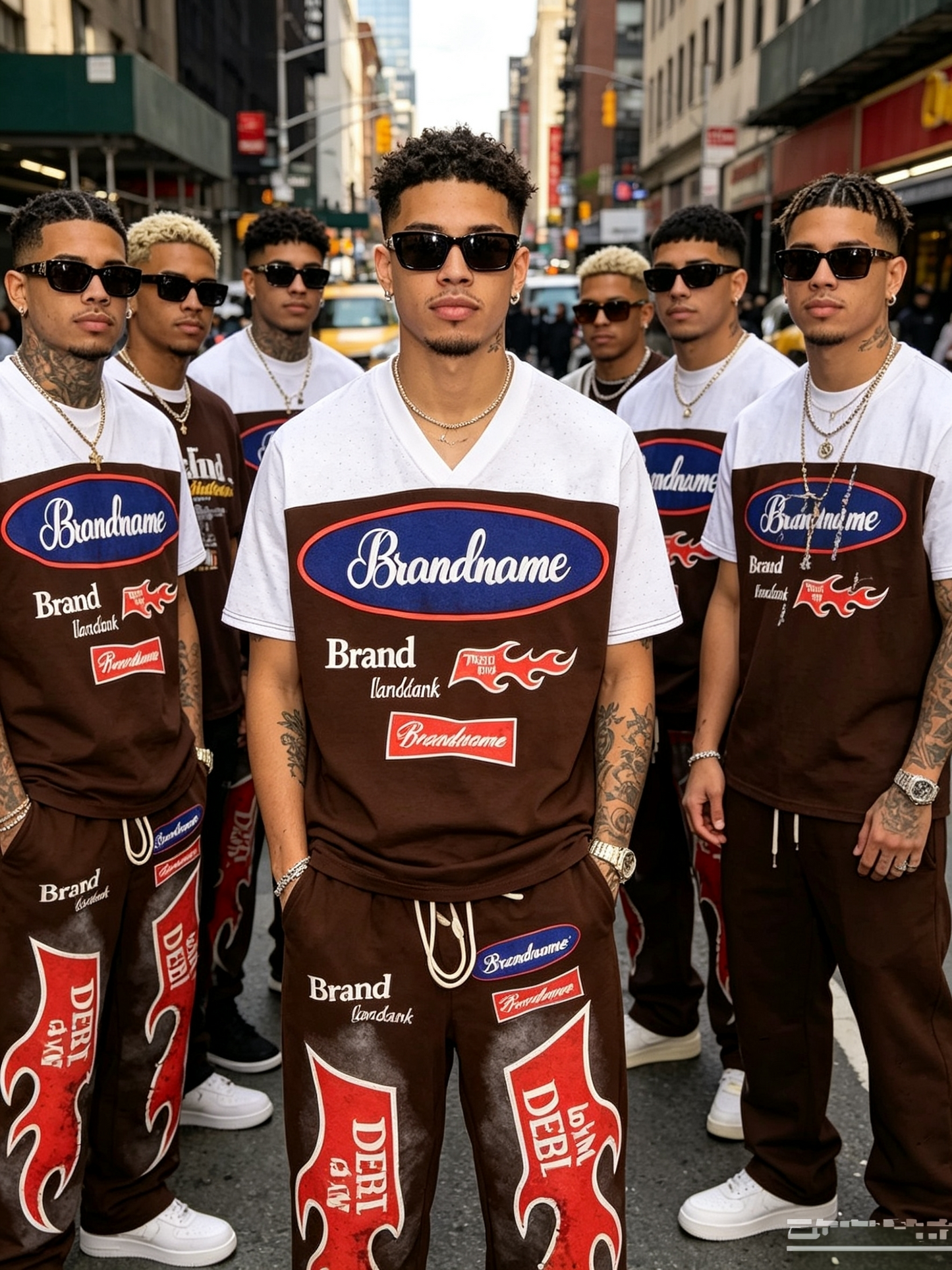 Men’s brown flame graphic V-neck T-shirt and jogger pants set