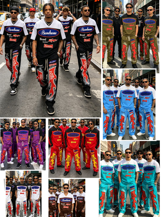 Men’s flame graphic V-neck T-shirt and jogger pants set in multiple colors