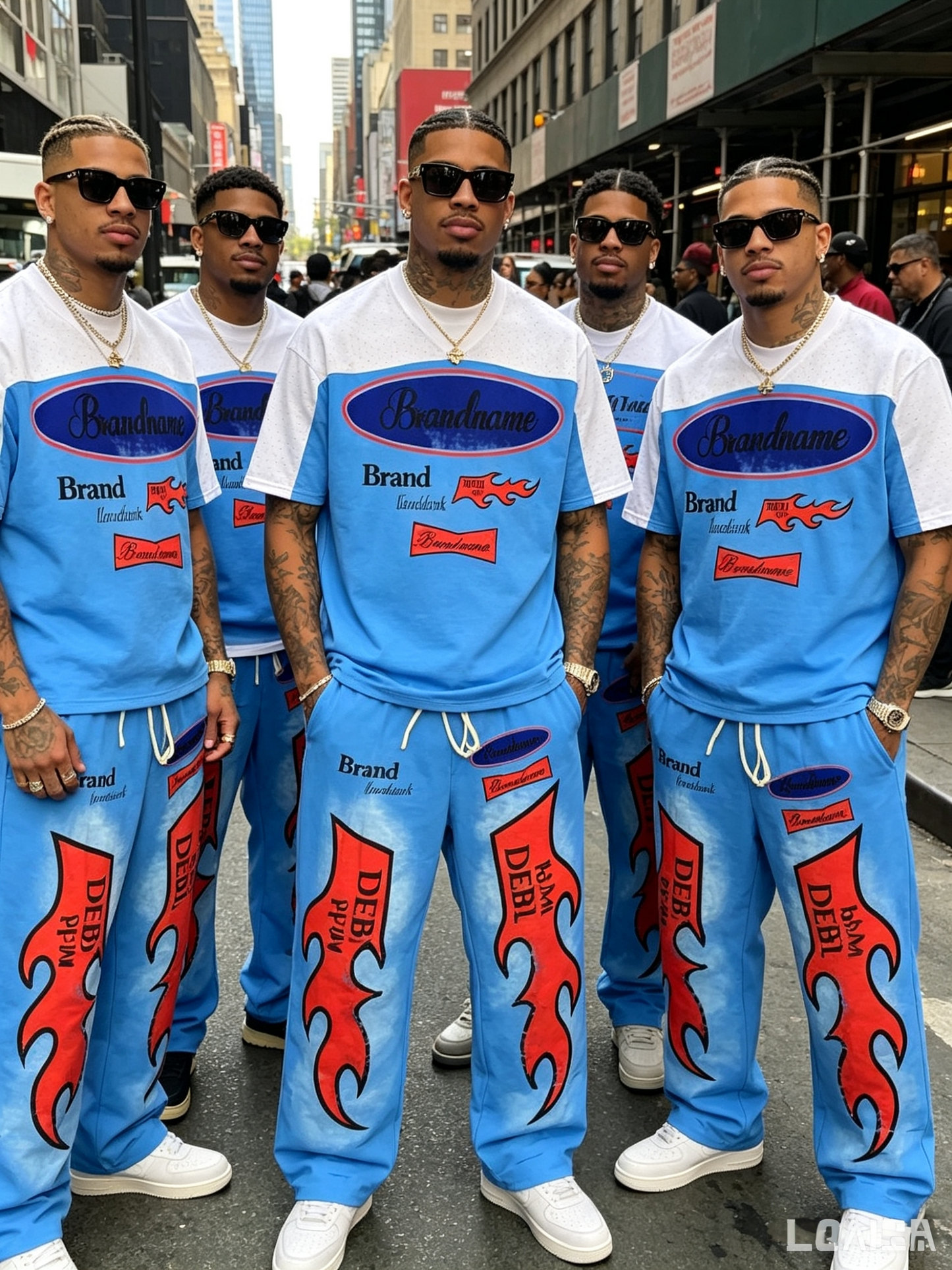 Men’s light blue flame graphic V-neck T-shirt and jogger pants set