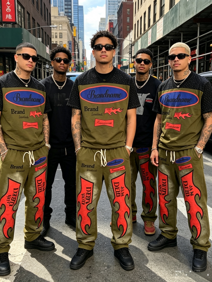 Men’s olive green flame graphic V-neck T-shirt and jogger pants set