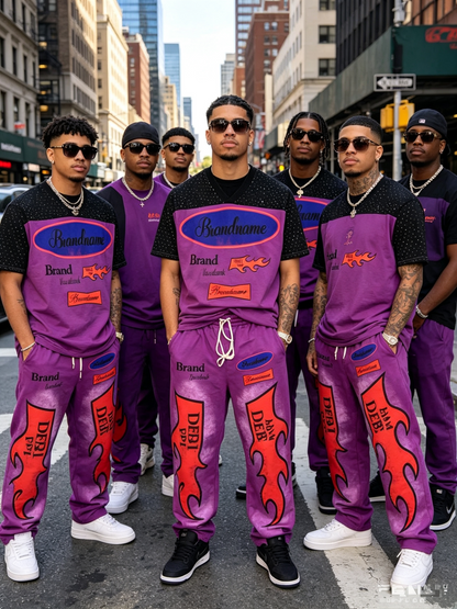 Men’s purple flame graphic V-neck T-shirt and jogger pants set
