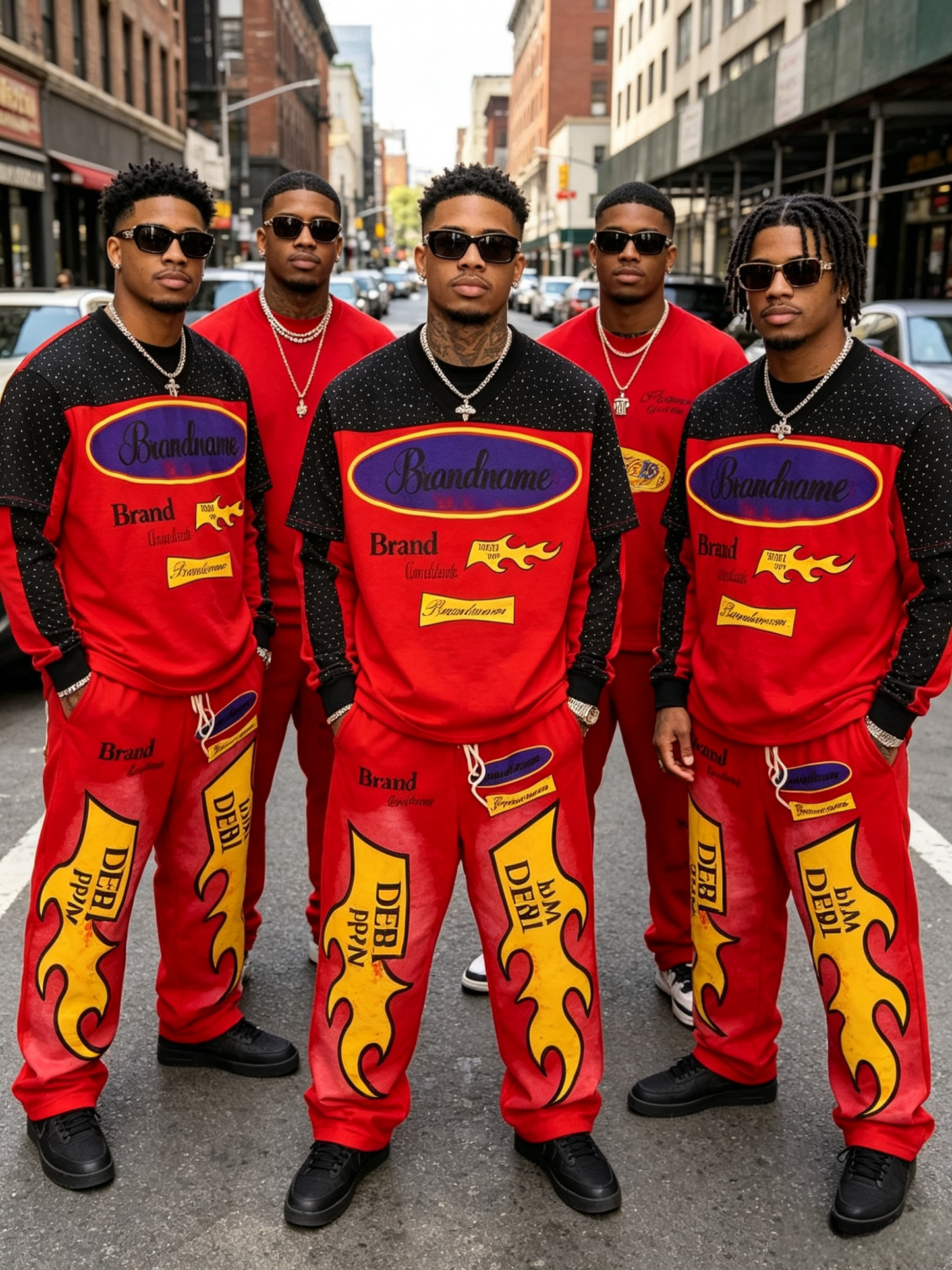 Men’s red flame graphic V-neck T-shirt and jogger pants set
