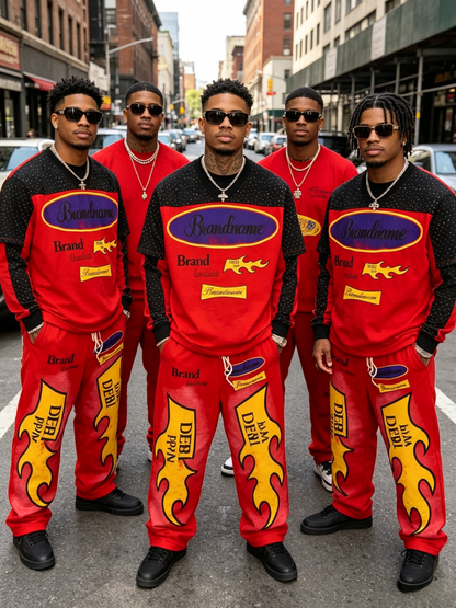 Men’s red flame graphic V-neck T-shirt and jogger pants set