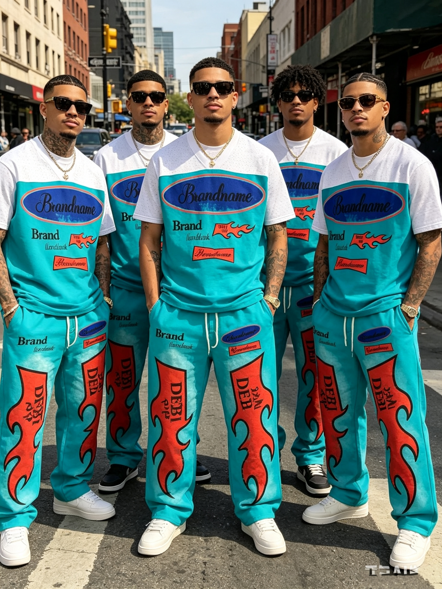 Men’s turquoise flame graphic V-neck T-shirt and jogger pants set