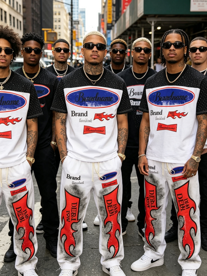 Men’s white flame graphic V-neck T-shirt and jogger pants set