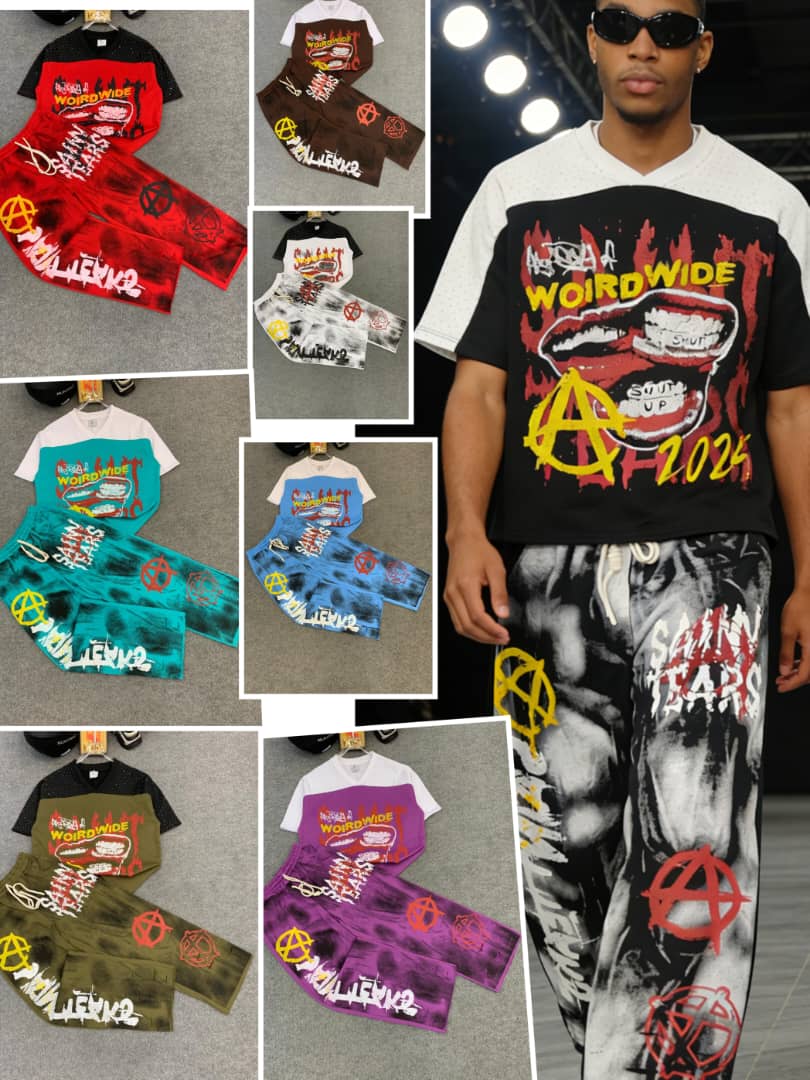 Men’s graffiti T-shirt and washed jogger pants set in multiple colors