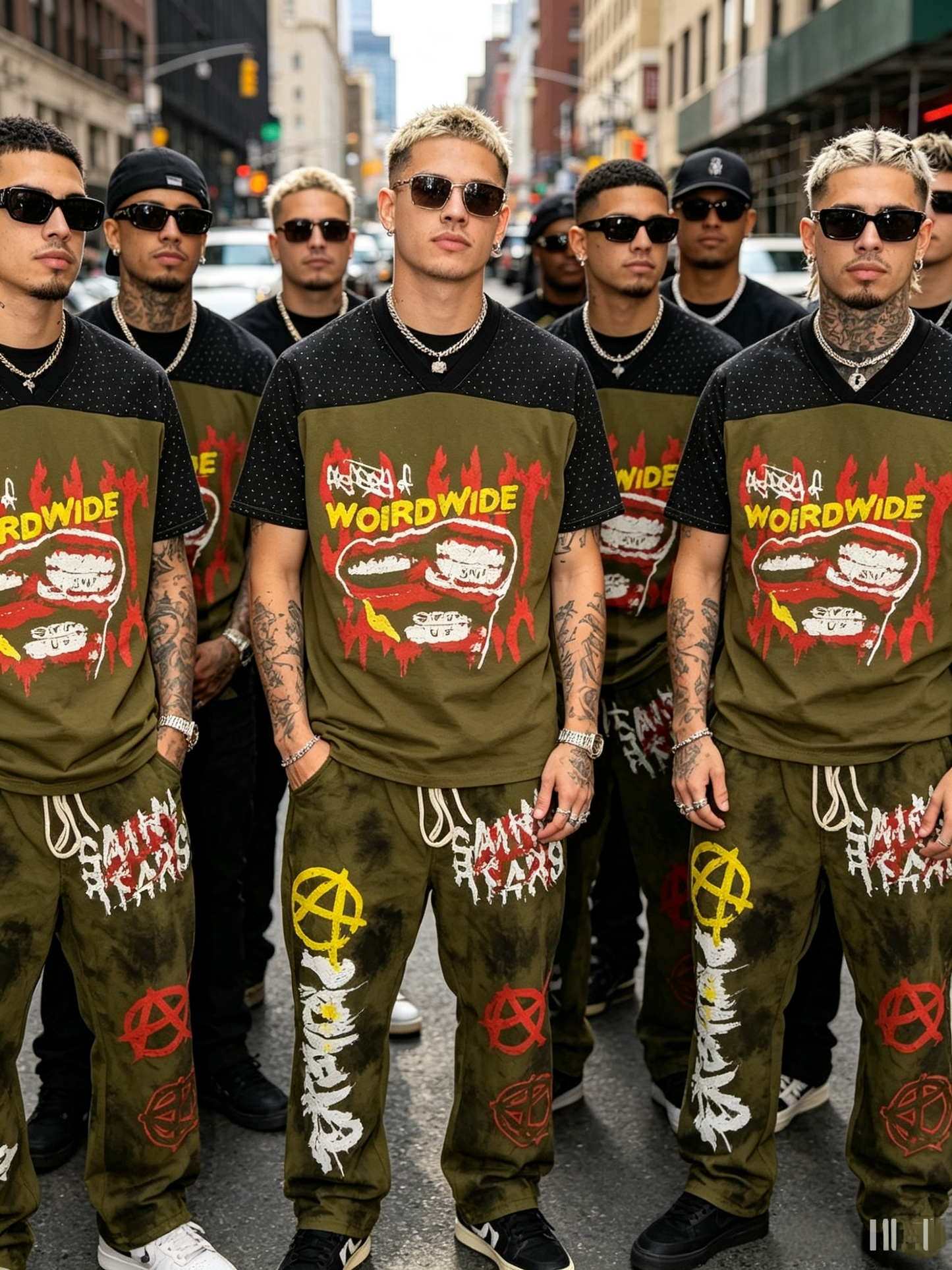 Men’s olive green graffiti T-shirt and washed jogger pants set