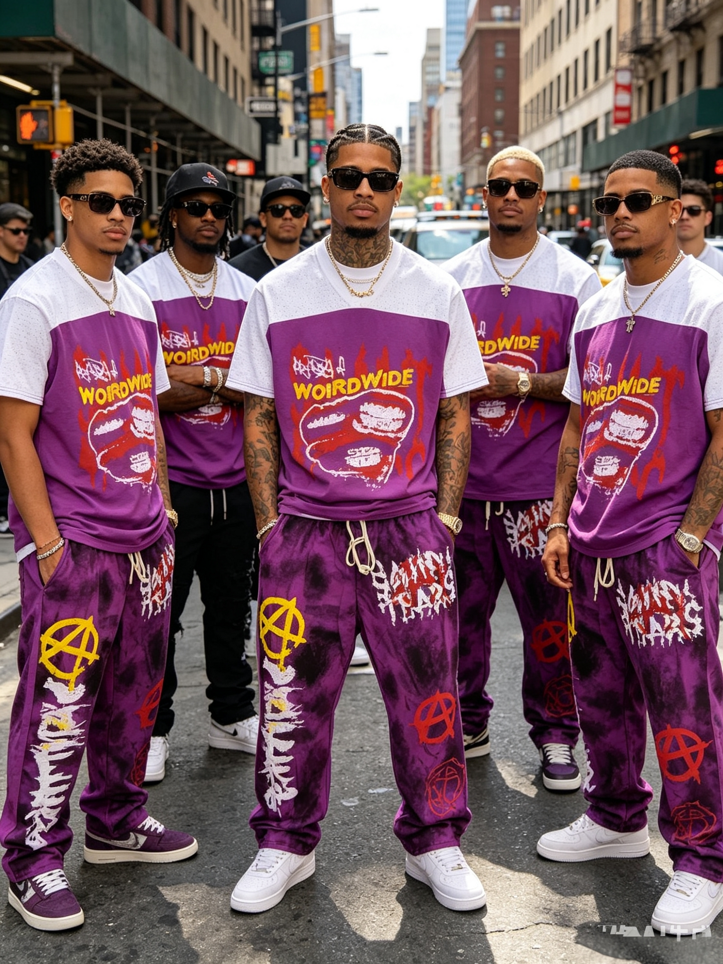 Men’s purple graffiti T-shirt and washed jogger pants set