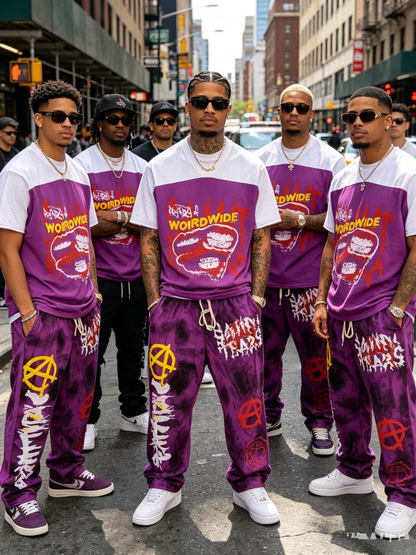 Men’s purple graffiti T-shirt and washed jogger pants set