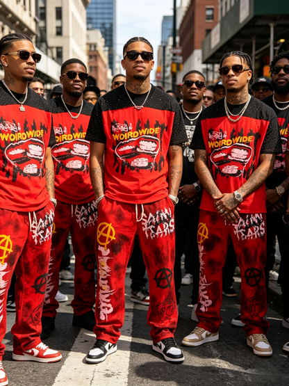 Men’s red graffiti T-shirt and washed jogger pants set