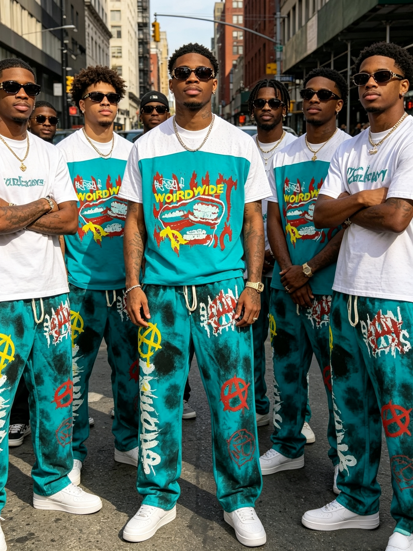 Men’s turquoise graffiti T-shirt and washed jogger pants set
