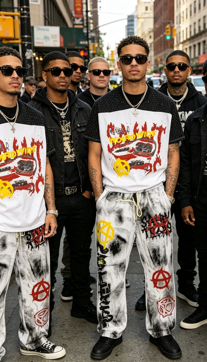 Men’s white graffiti T-shirt and washed jogger pants set