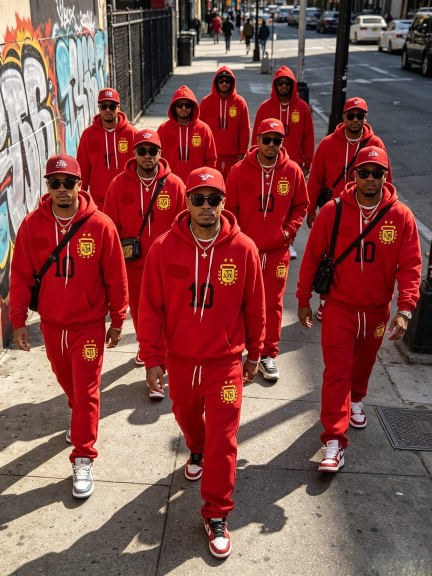 Men wearing red No. 10 graphic hoodie and jogger sets