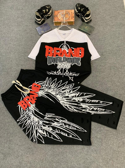 Men’s Wing Graphic V-Neck T-Shirt & Wide-Leg Pants Set