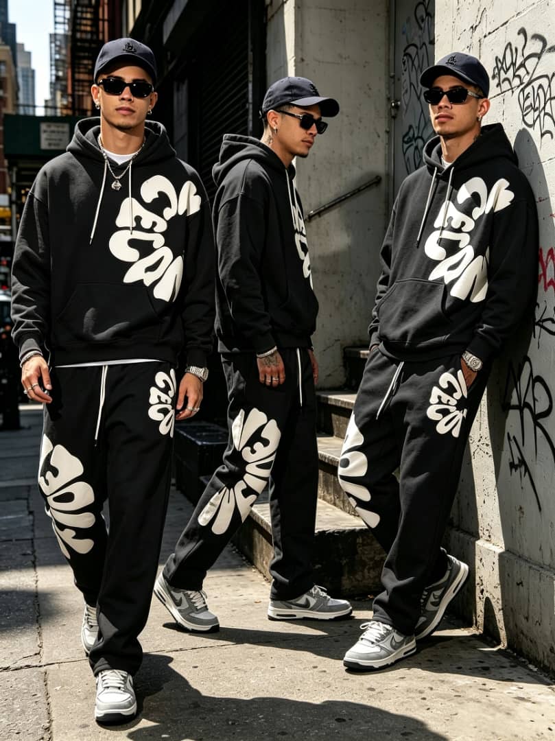 Black oversized letter print hoodie and jogger set for men