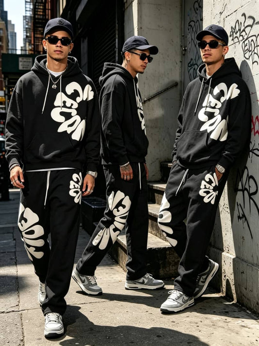 Black oversized letter print hoodie and jogger set for men