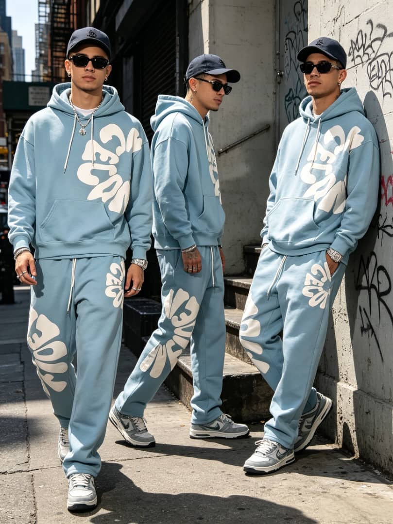 Light blue oversized letter print hoodie and jogger set for men