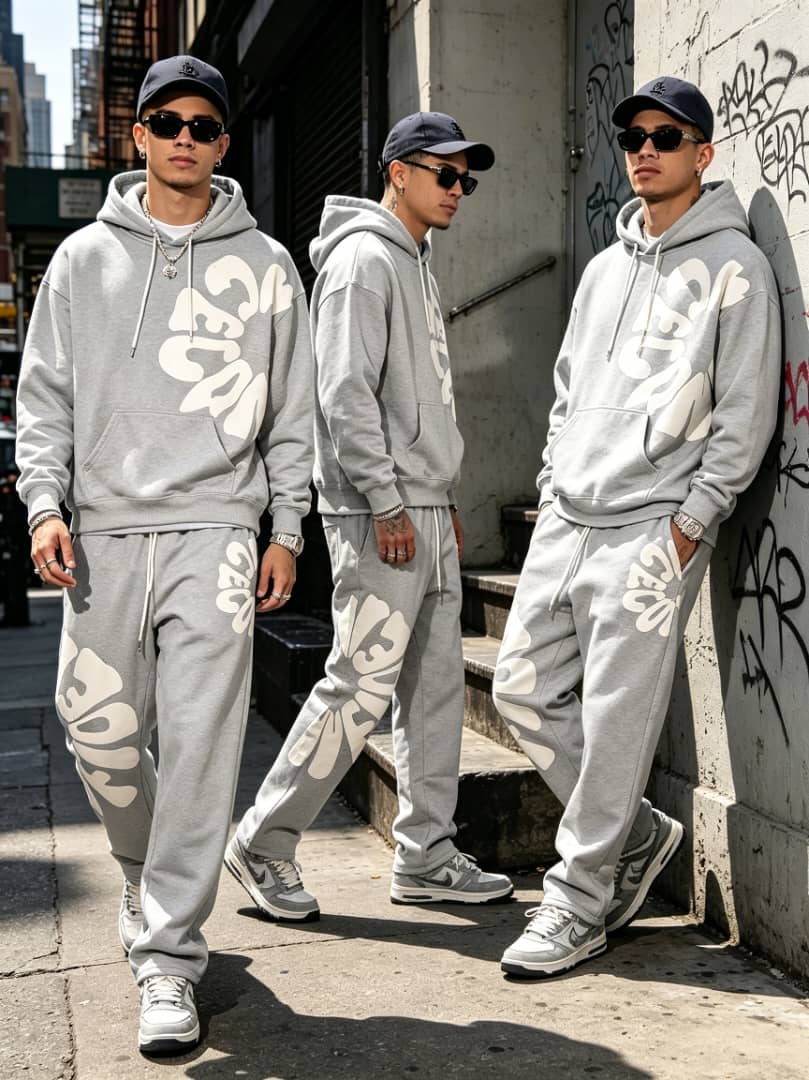 Light gray oversized letter print hoodie and jogger set for men